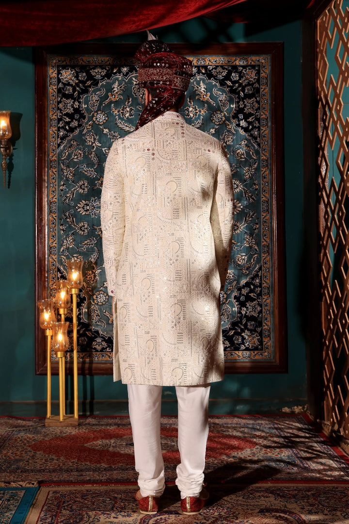 Cream Wedding Groom Sherwani Set