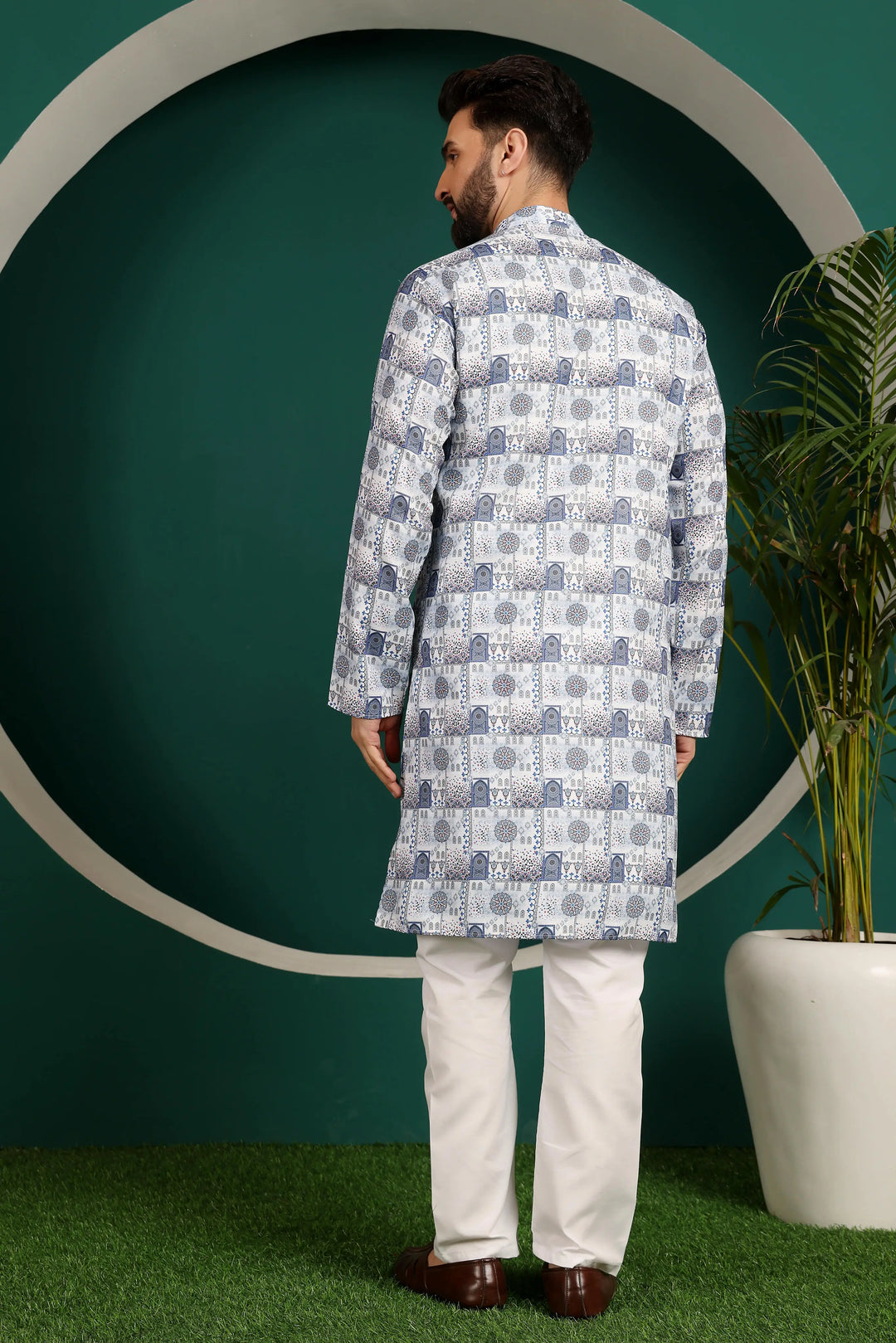 Multi-Color Cotton Printed Kurta & White Pajama Set for Men