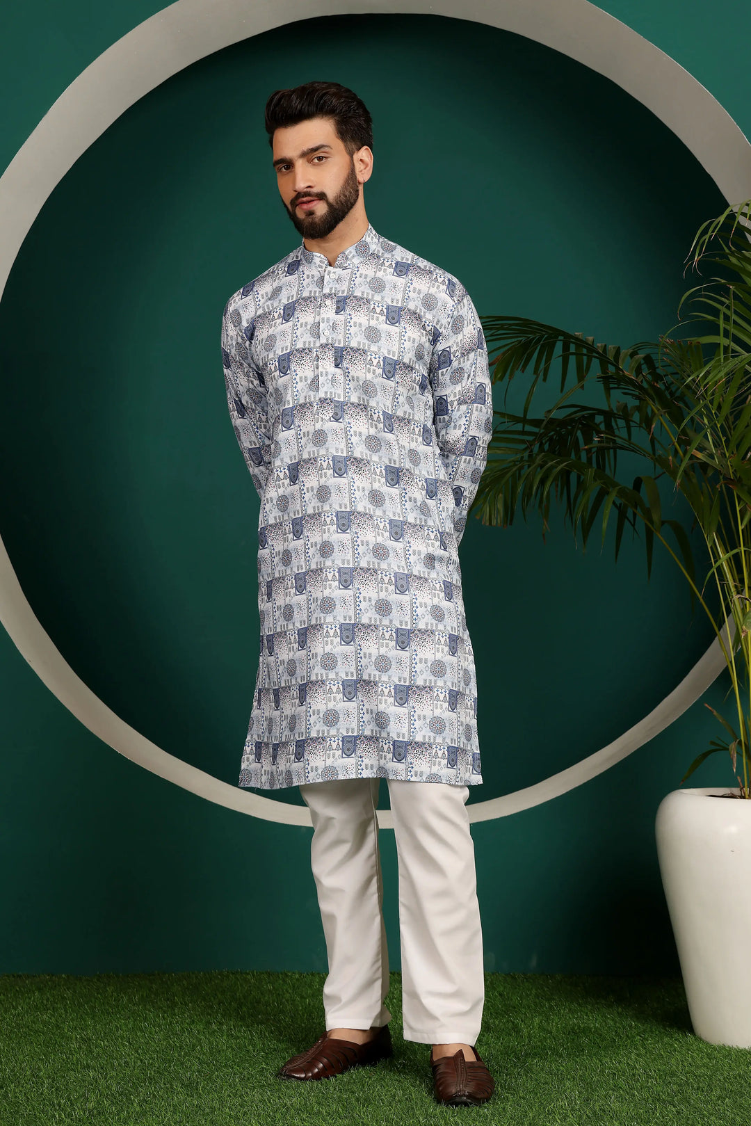 Multi-Color Cotton Printed Kurta & White Pajama Set for Men