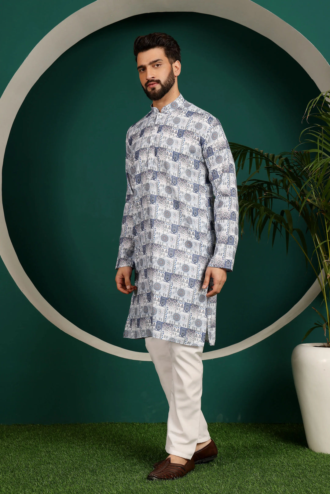 Multi-Color Cotton Printed Kurta & White Pajama Set for Men