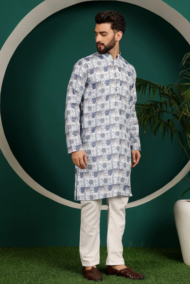 Multi-Color Cotton Printed Kurta & White Pajama Set for Men