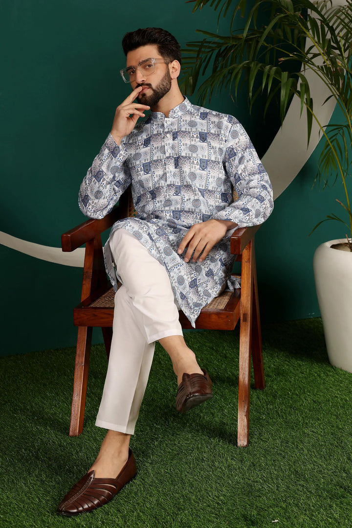 Multi-Color Cotton Printed Kurta & White Pajama Set for Men