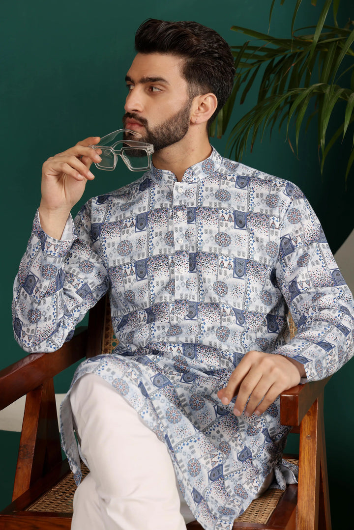 Multi-Color Cotton Printed Kurta & White Pajama Set for Men