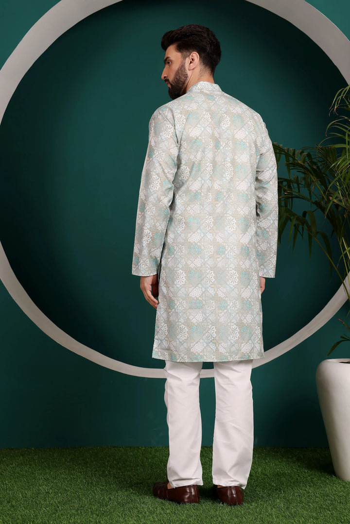 Multi-Color Cotton Printed Kurta & White Pyjama Set for Men