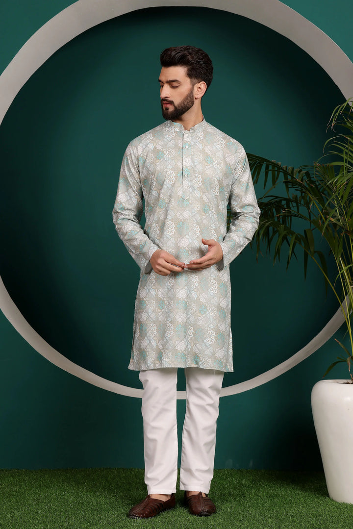 Multi-Color Cotton Printed Kurta & White Pyjama Set for Men