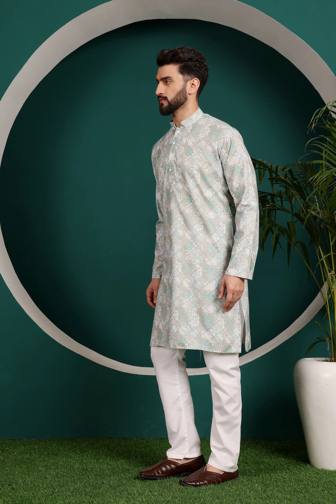 Multi-Color Cotton Printed Kurta & White Pyjama Set for Men