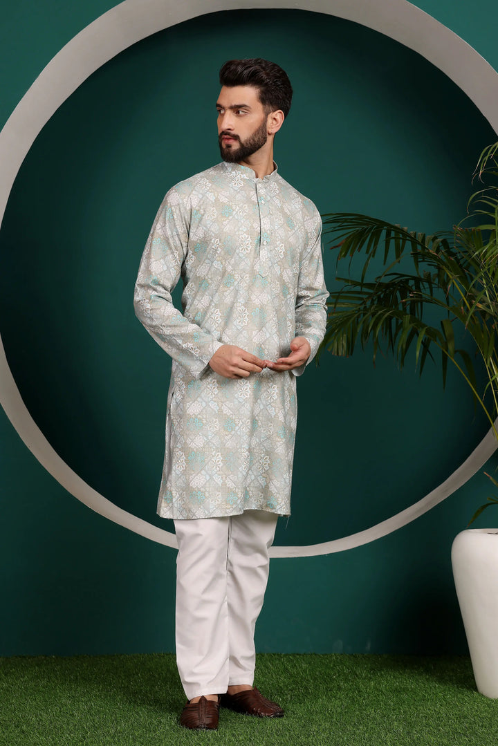 Multi-Color Cotton Printed Kurta & White Pyjama Set for Men