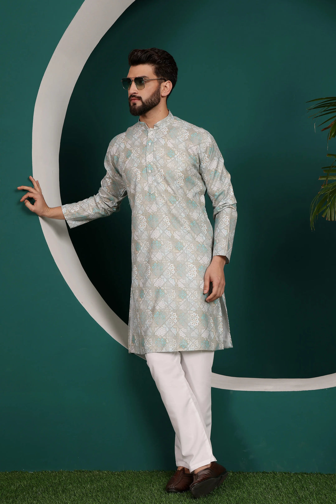 Multi-Color Cotton Printed Kurta & White Pyjama Set for Men