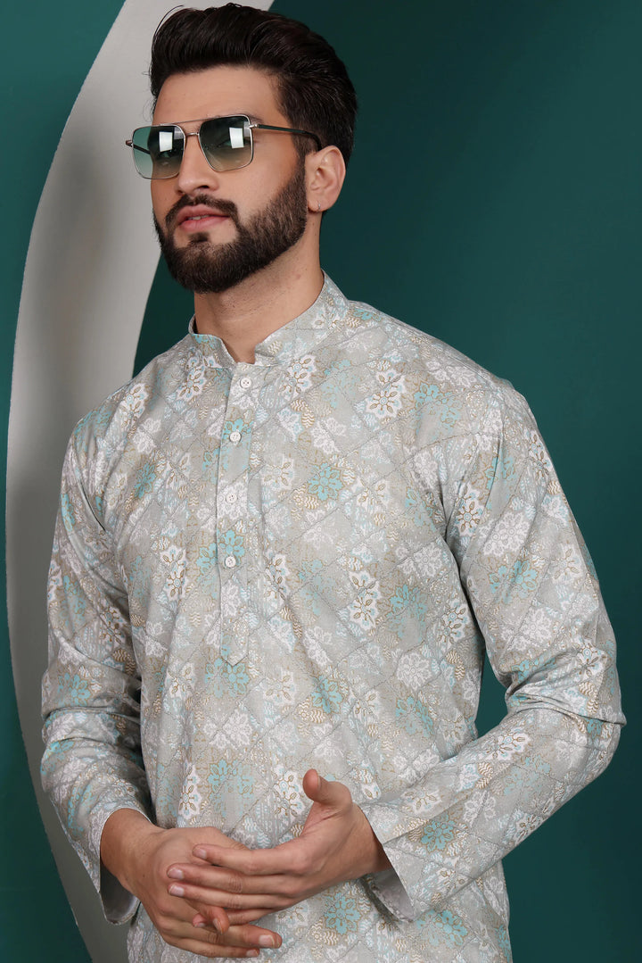 Multi-Color Cotton Printed Kurta & White Pyjama Set for Men