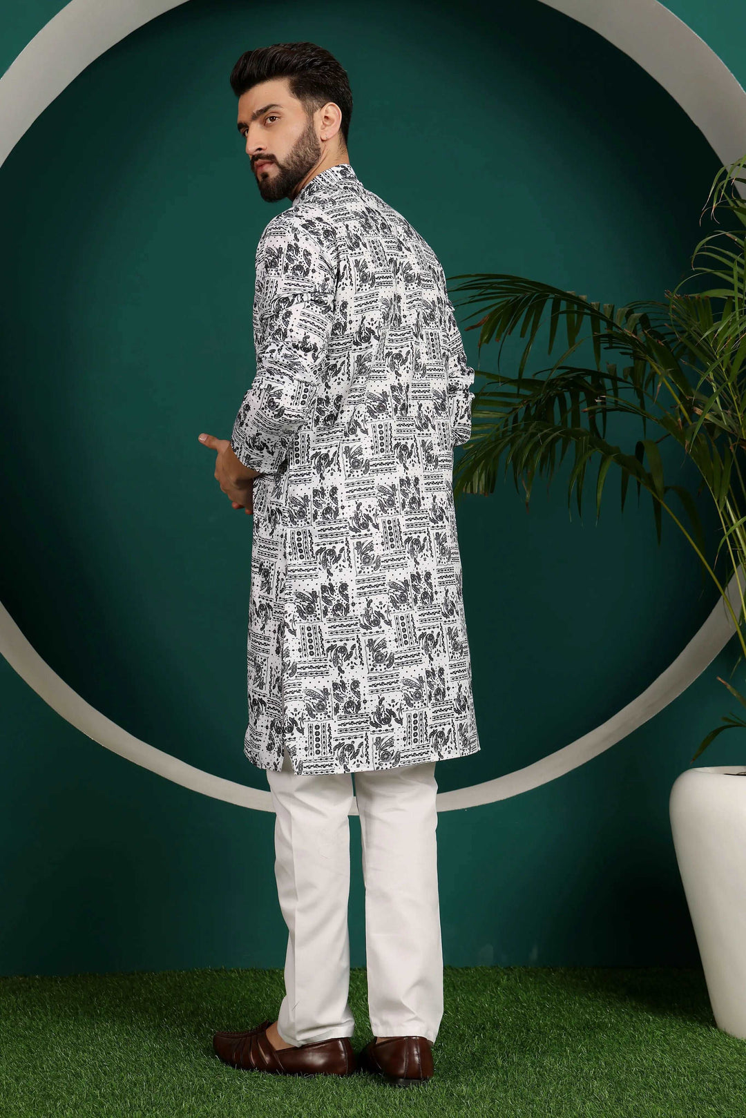 Black & White Cotton Printed Kurta Pyjama Set for Men