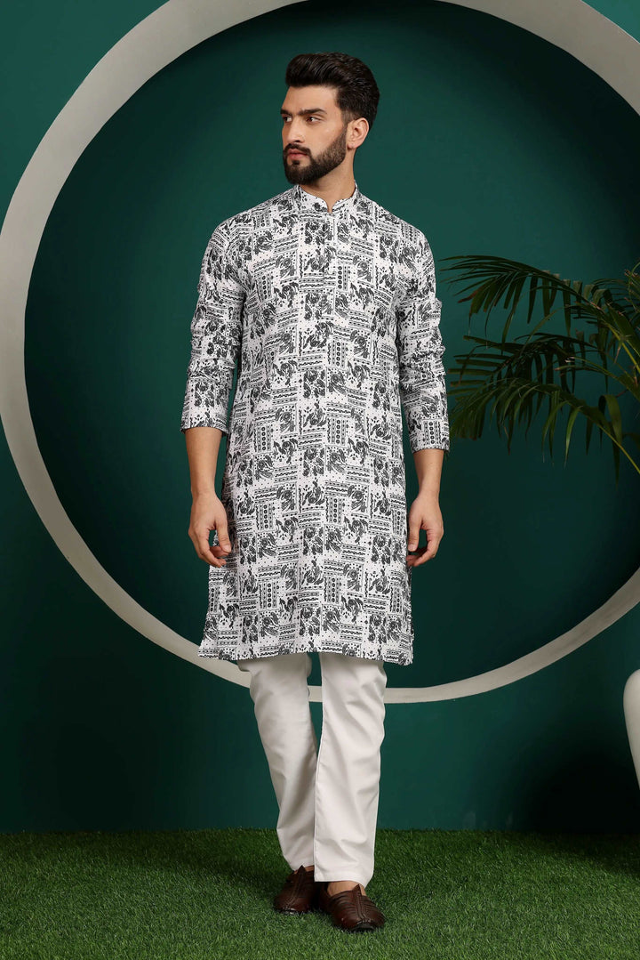 Black & White Cotton Printed Kurta Pyjama Set for Men