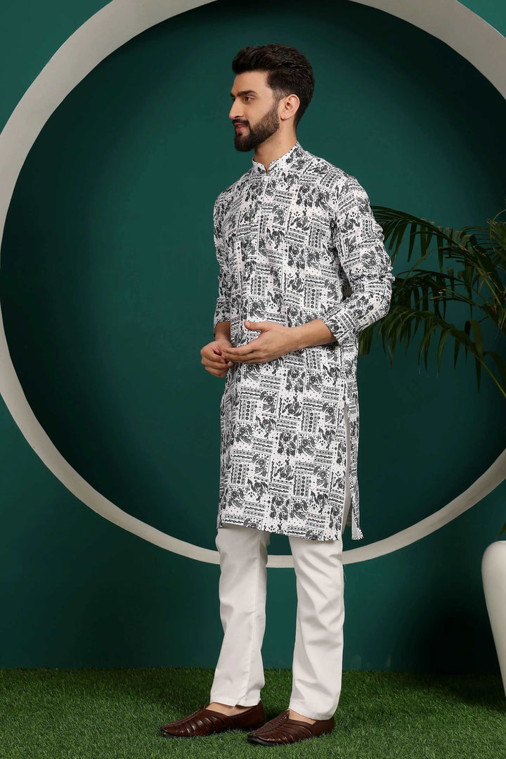 Black & White Cotton Printed Kurta Pyjama Set for Men