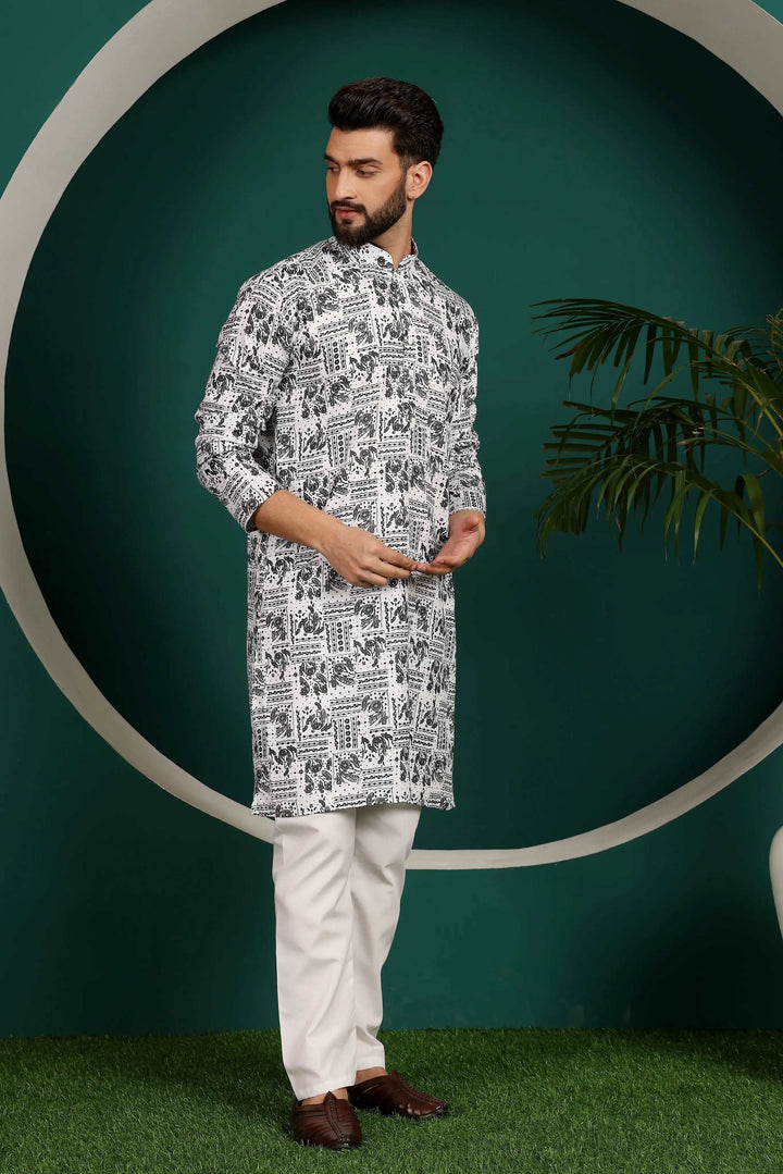 Black & White Cotton Printed Kurta Pyjama Set for Men