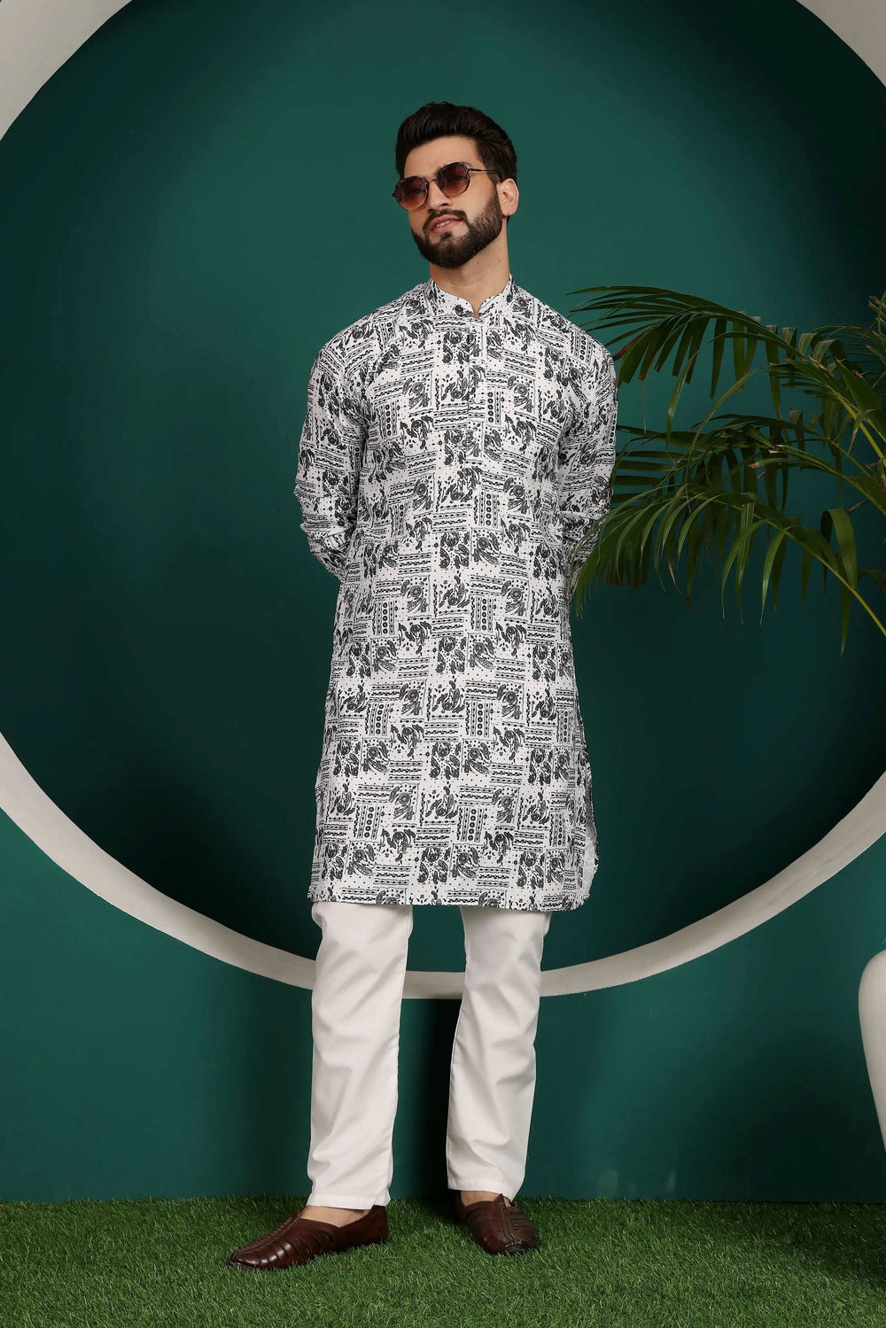 Black & White Cotton Printed Kurta Pyjama Set for Men