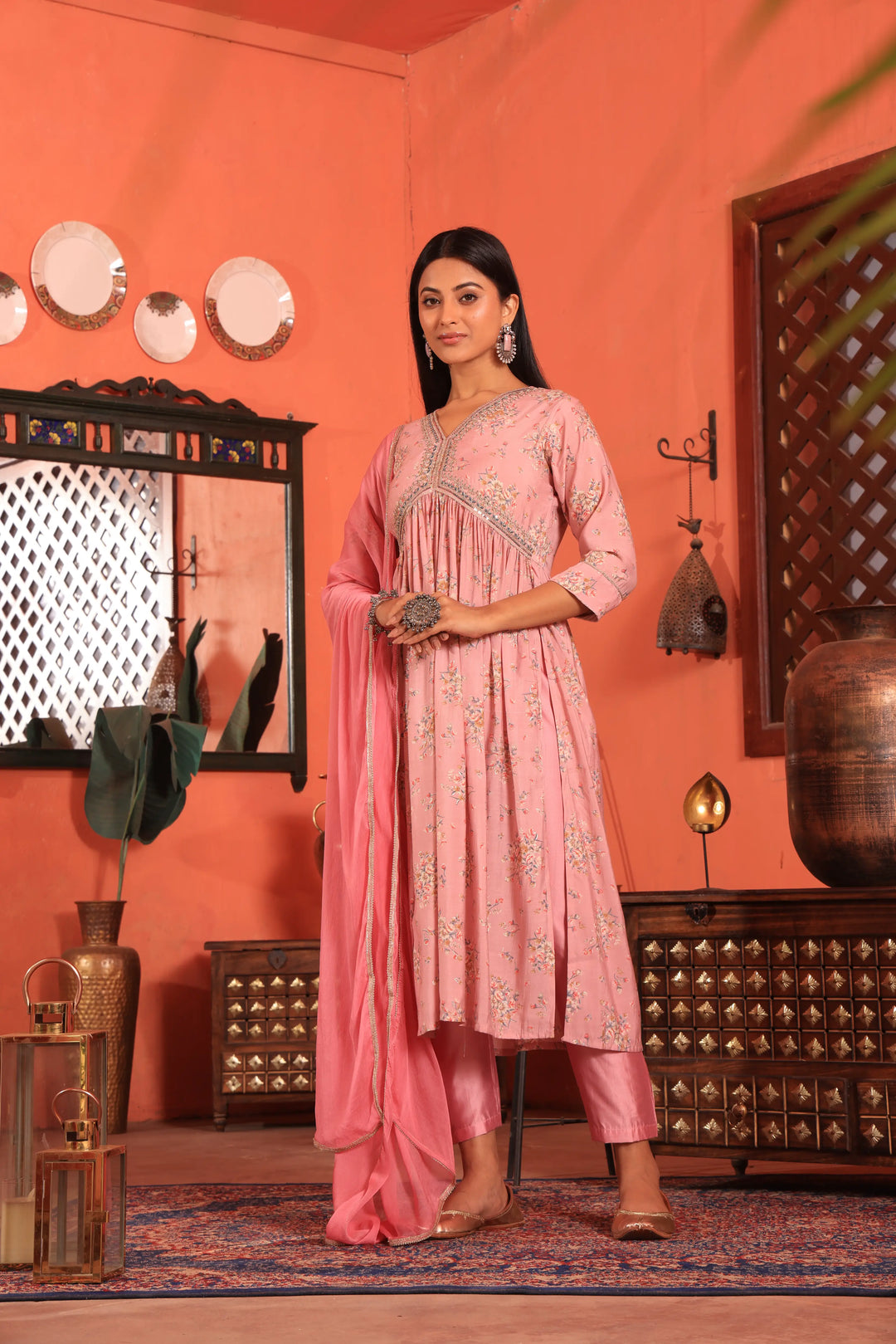 Pink Color Alia Cut Anarkali Printed Suit With Trousers & Dupatta Set for Women