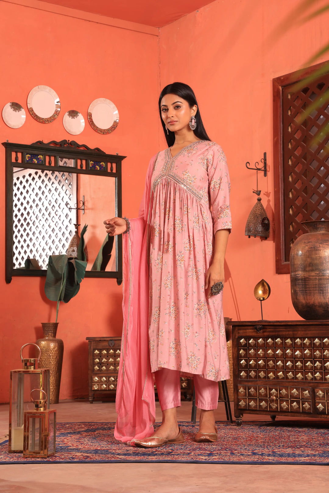 Pink Color Alia Cut Anarkali Printed Suit With Trousers & Dupatta Set for Women