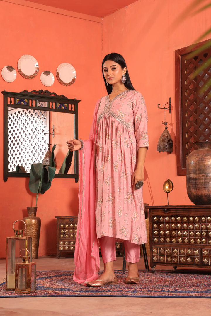 Pink Color Alia Cut Anarkali Printed Suit With Trousers & Dupatta Set for Women