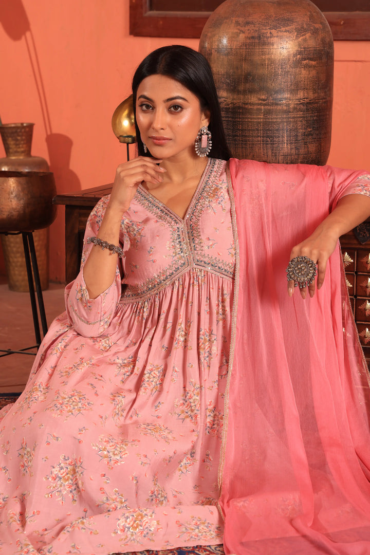 Pink Color Alia Cut Anarkali Printed Suit With Trousers & Dupatta Set for Women