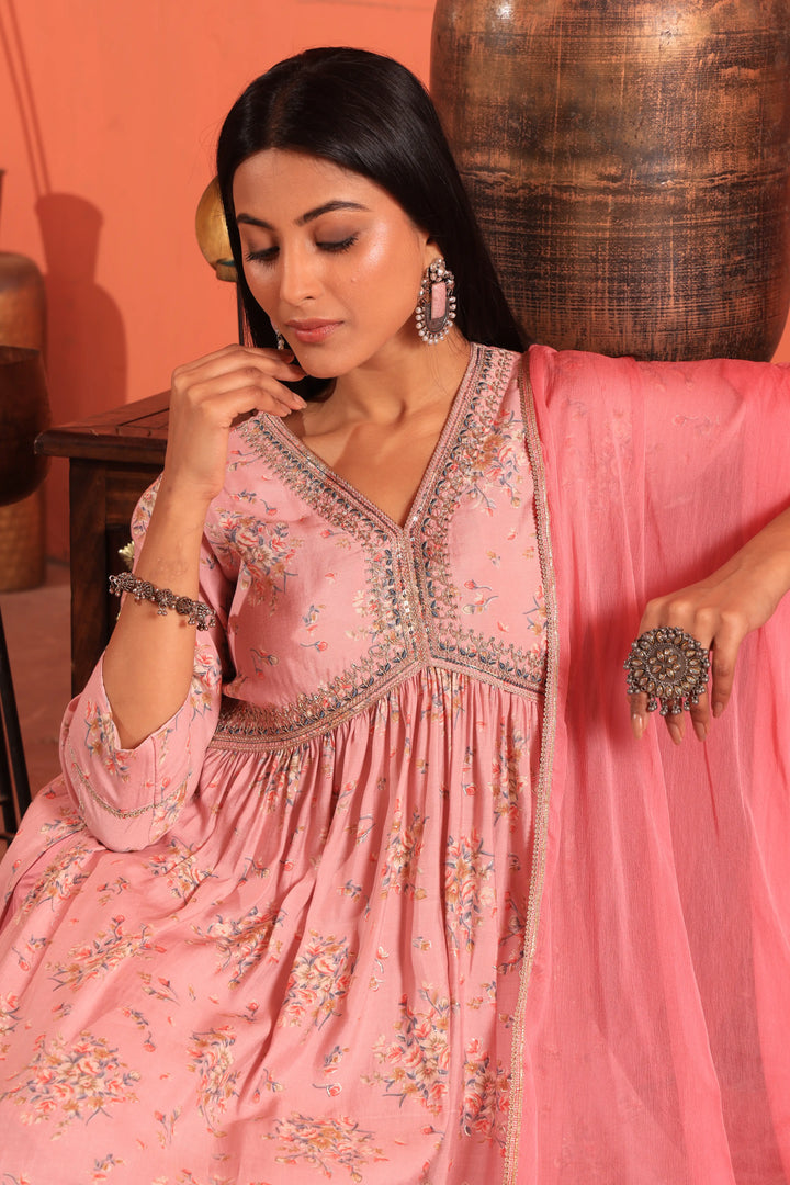 Pink Color Alia Cut Anarkali Printed Suit With Trousers & Dupatta Set for Women