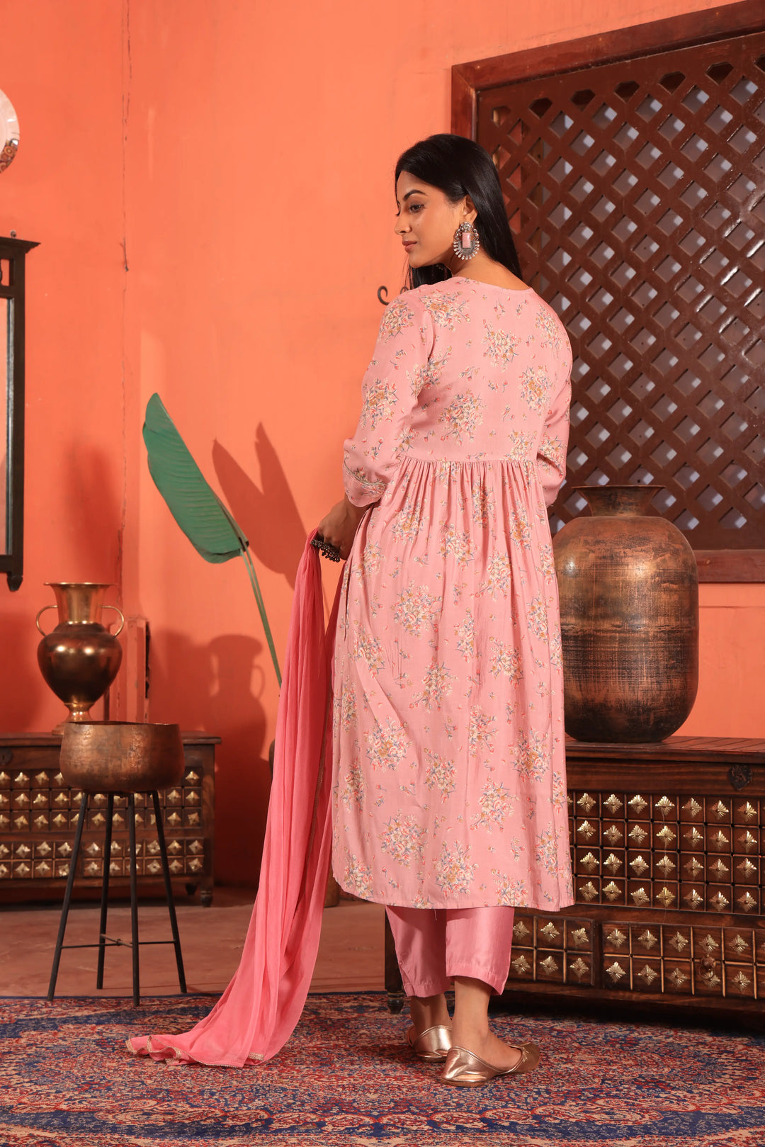 Pink Color Alia Cut Anarkali Printed Suit With Trousers & Dupatta Set for Women