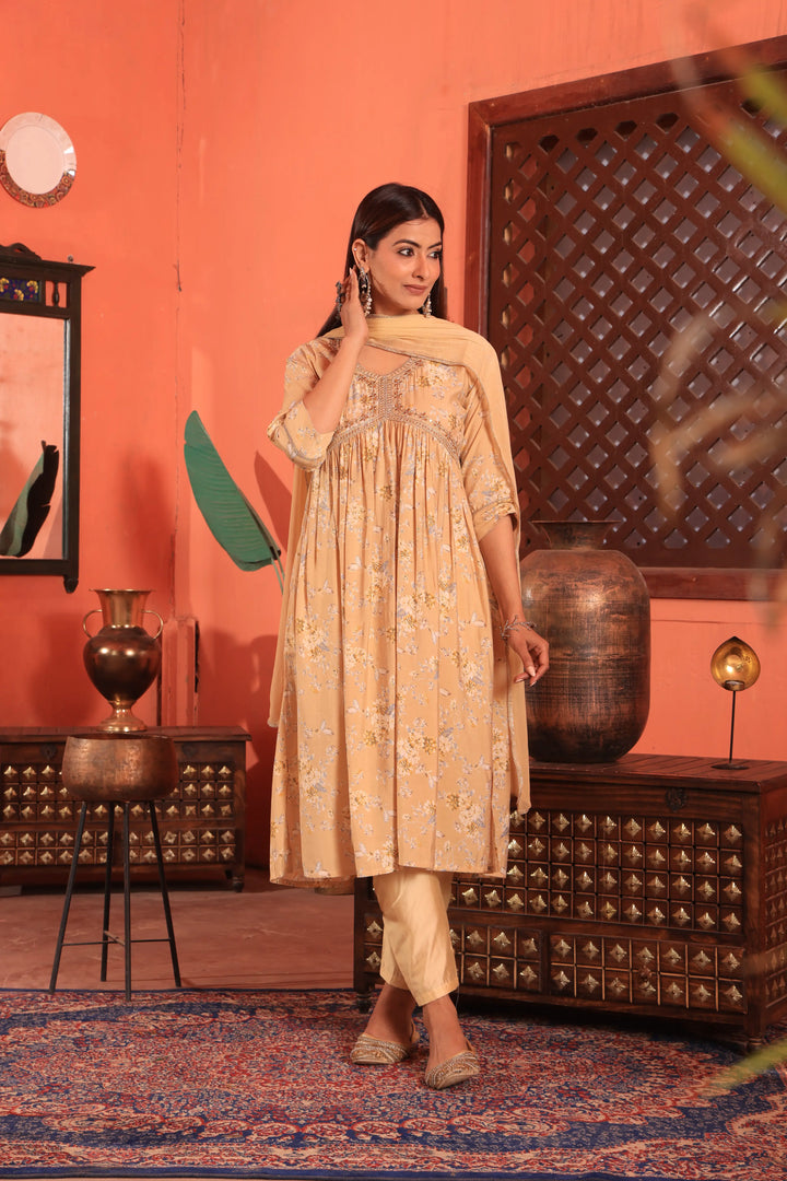 Yellow Color Alia Cut Anarkali Printed Suit With Trousers & Dupatta Set for Women