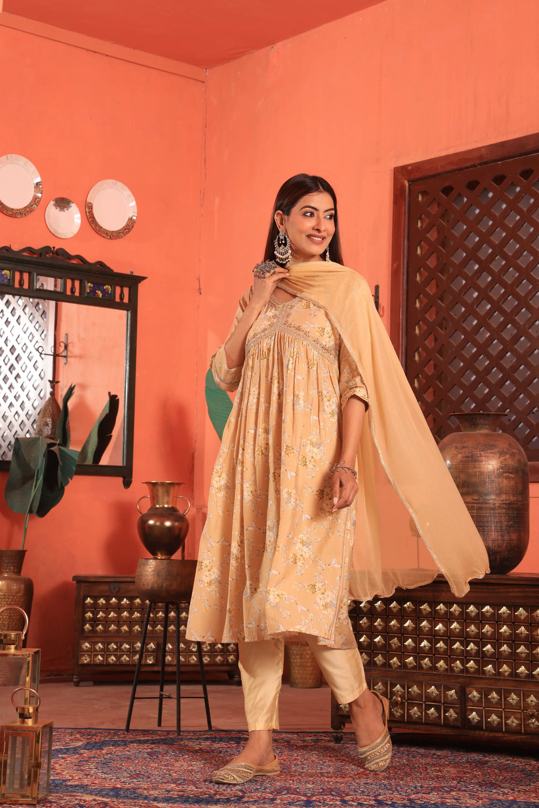 Yellow Color Alia Cut Anarkali Printed Suit With Trousers & Dupatta Set for Women