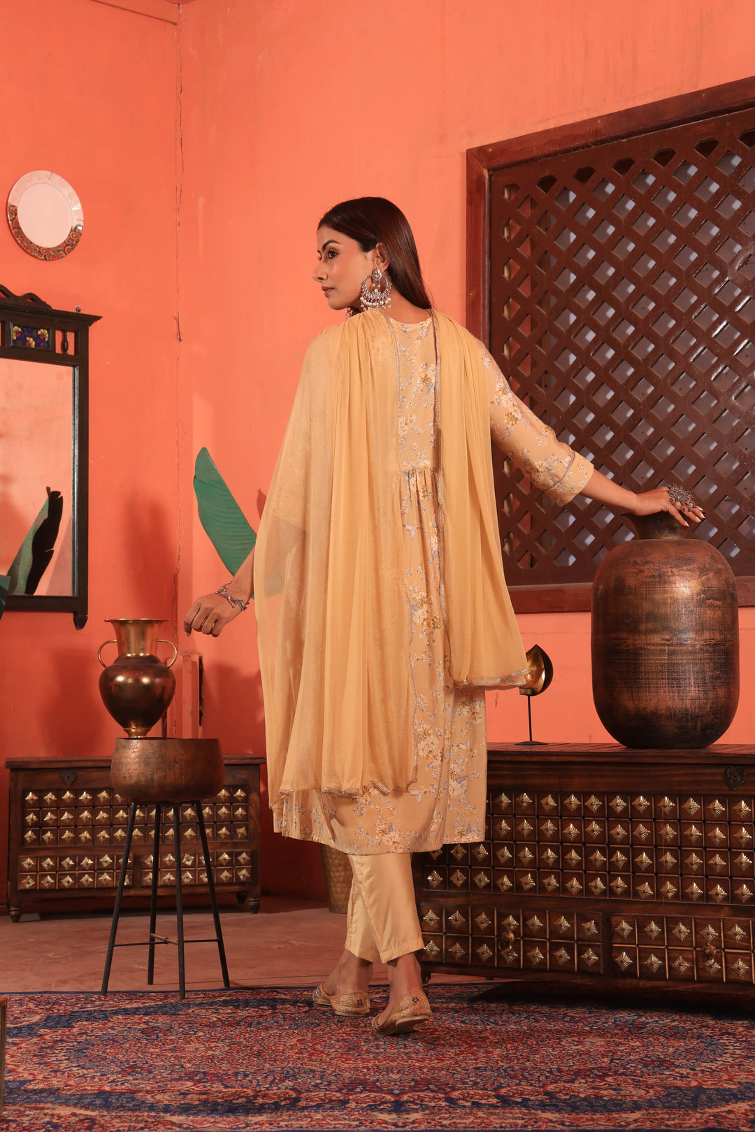 Yellow Color Alia Cut Anarkali Printed Suit With Trousers & Dupatta Set for Women