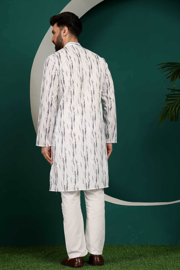 Grey and White Abstract Printed Men's Kurta Pajama Set