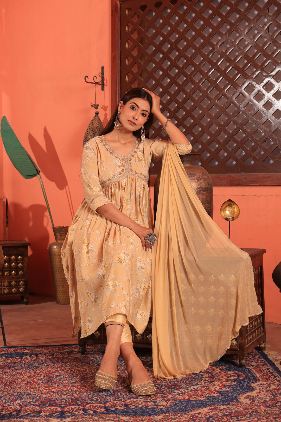 Yellow Color Alia Cut Anarkali Printed Suit With Trousers & Dupatta Set for Women