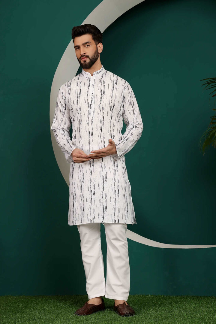 Grey and White Abstract Printed Men's Kurta Pajama Set