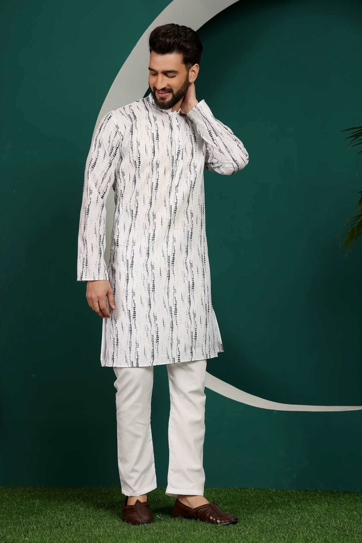 Grey and White Abstract Printed Men's Kurta Pajama Set