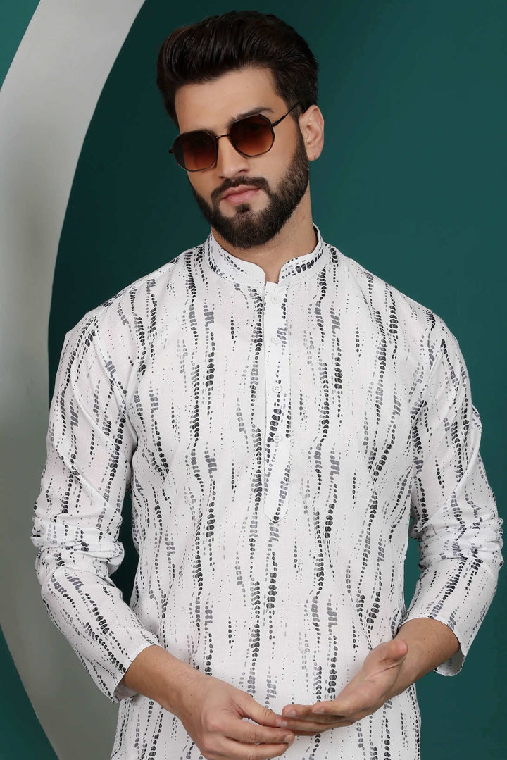 Grey and White Abstract Printed Men's Kurta Pajama Set