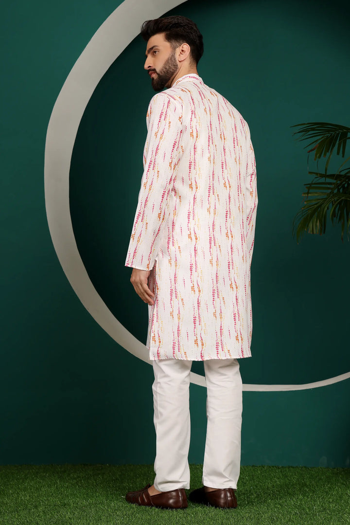 Pink and White Abstract Printed Men's Kurta Pajama Set