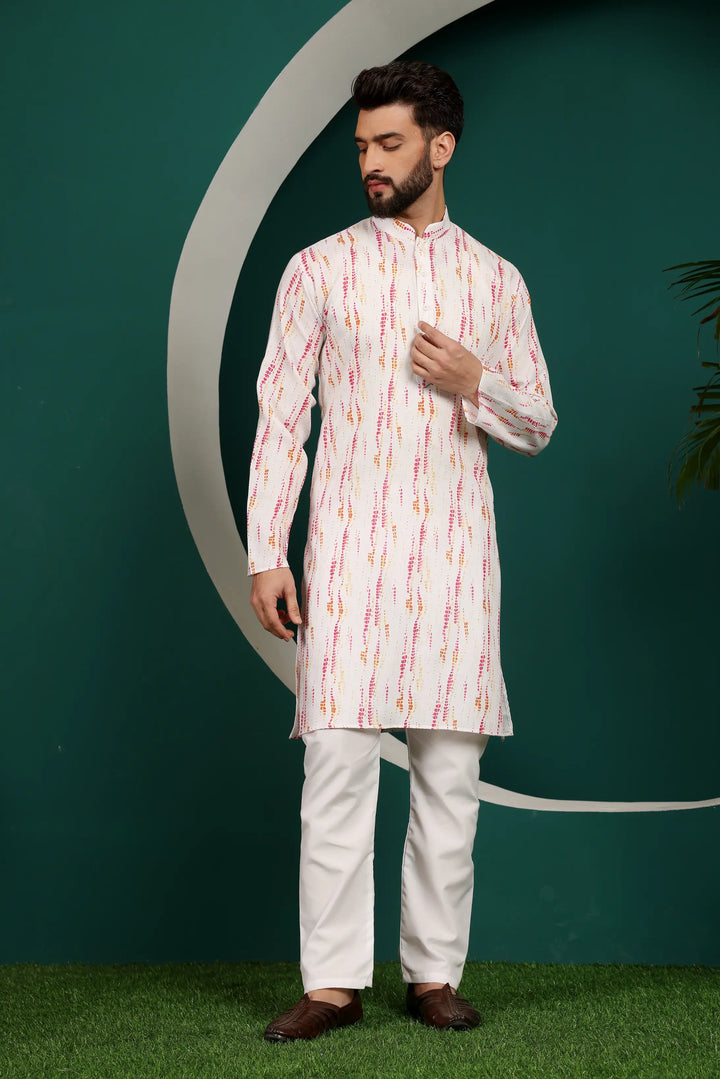 Pink and White Abstract Printed Men's Kurta Pajama Set