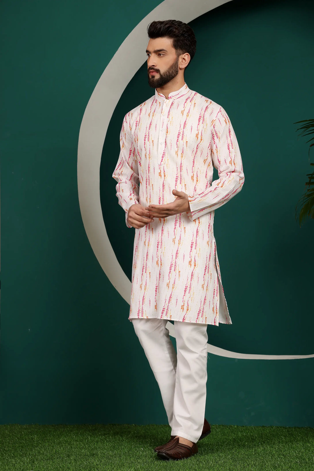 Pink and White Abstract Printed Men's Kurta Pajama Set