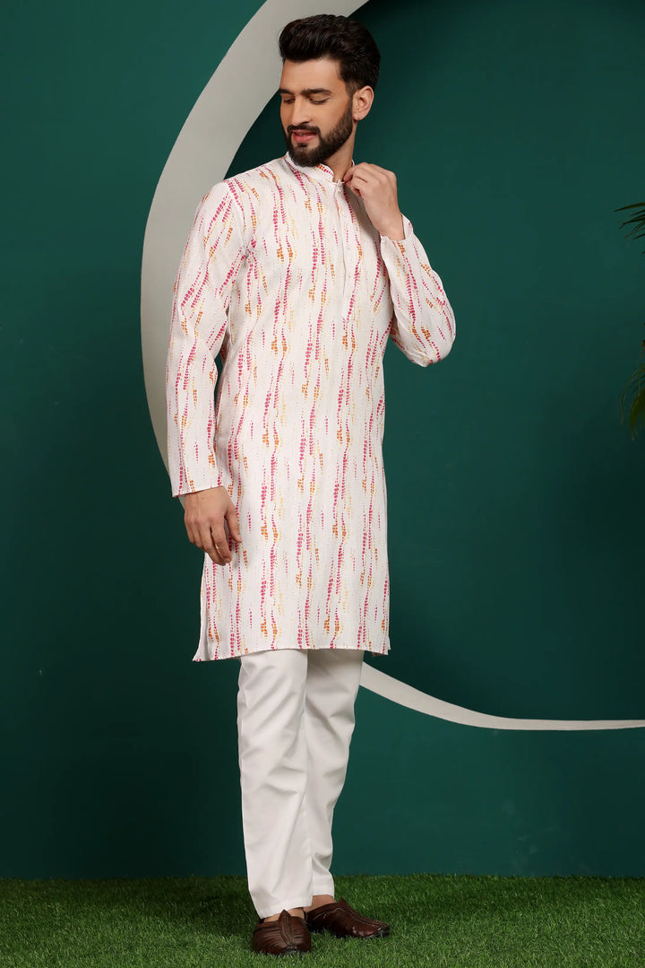 Pink and White Abstract Printed Men's Kurta Pajama Set