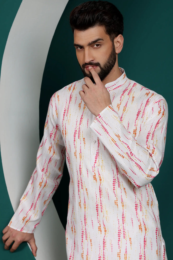 Pink and White Abstract Printed Men's Kurta Pajama Set