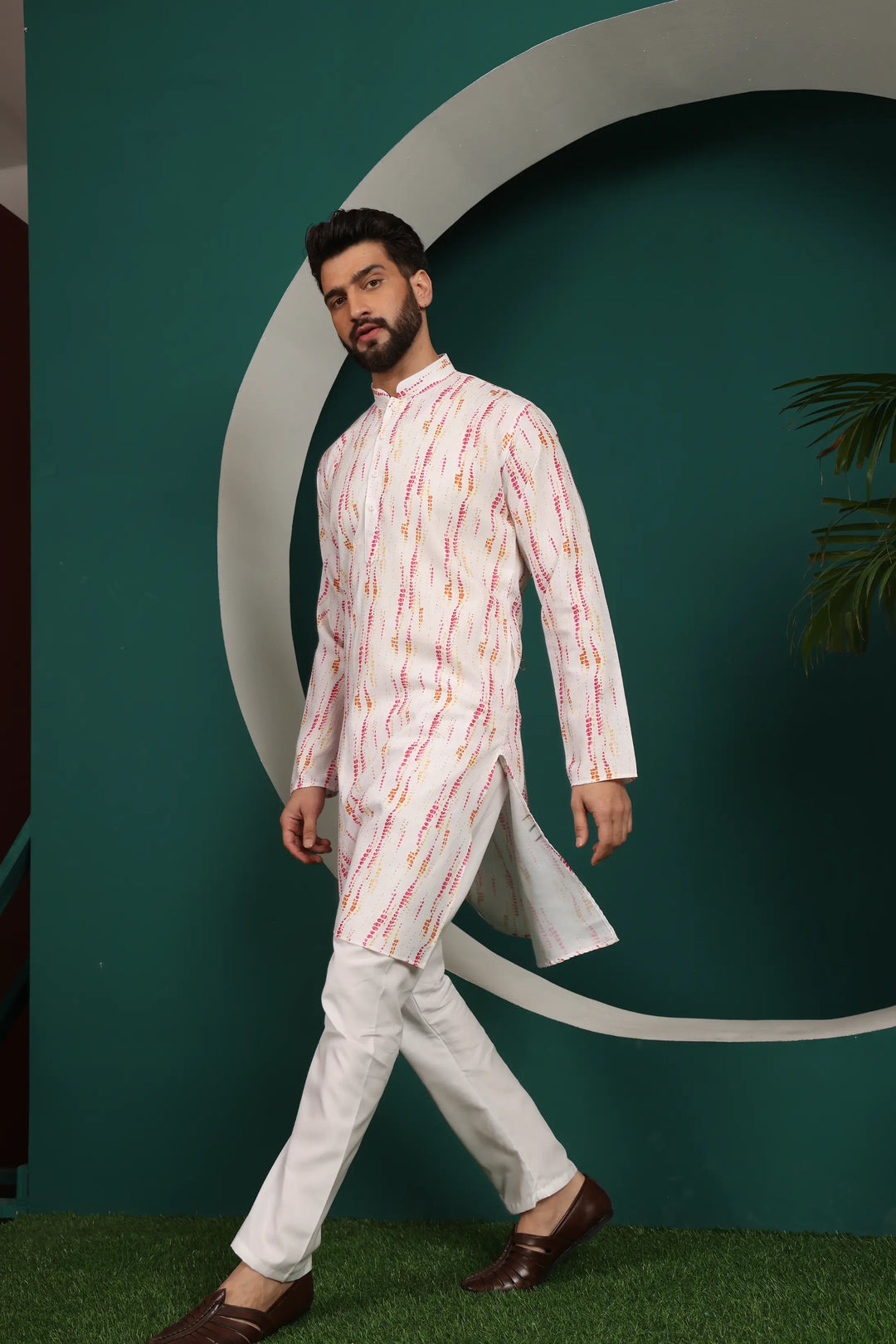 Pink and White Abstract Printed Men's Kurta Pajama Set