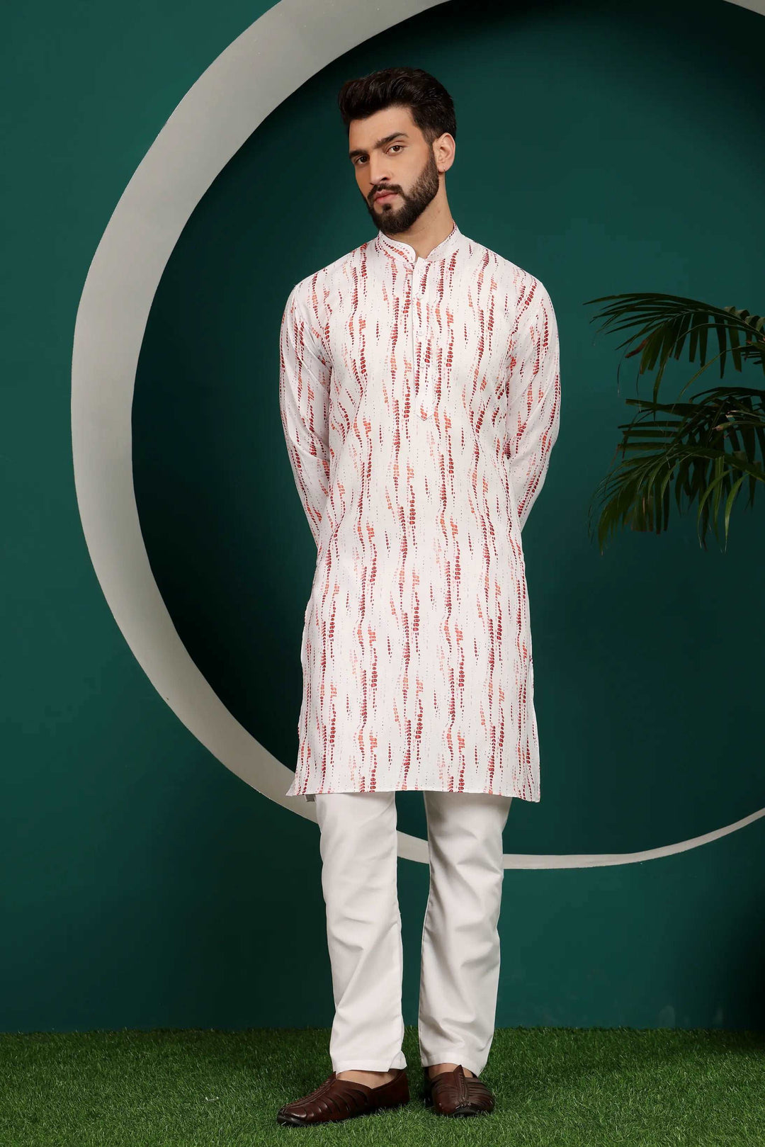 Maroon and White Abstract Printed Men's Kurta Pajama Set