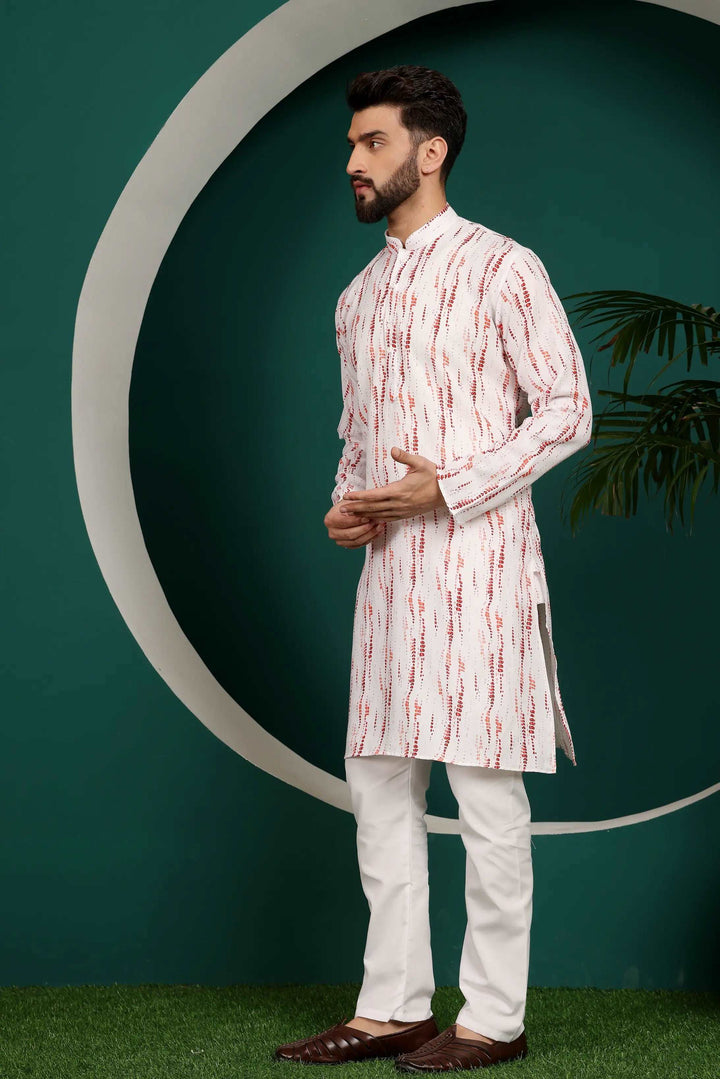 Maroon and White Abstract Printed Men's Kurta Pajama Set