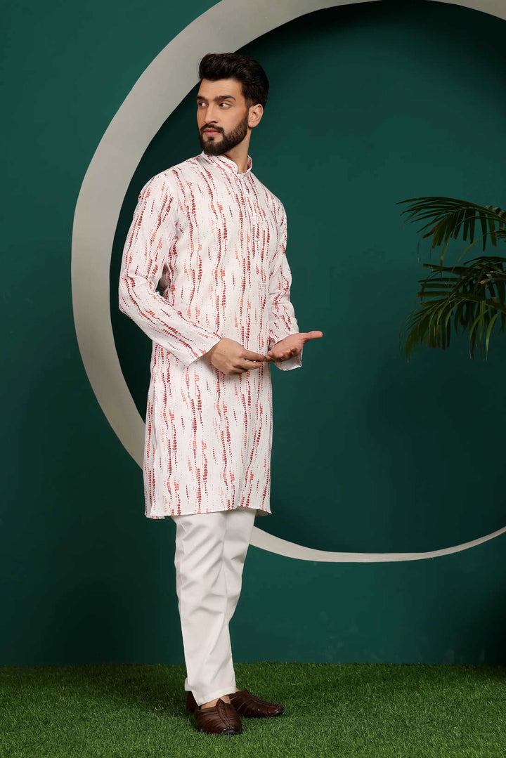 Maroon and White Abstract Printed Men's Kurta Pajama Set