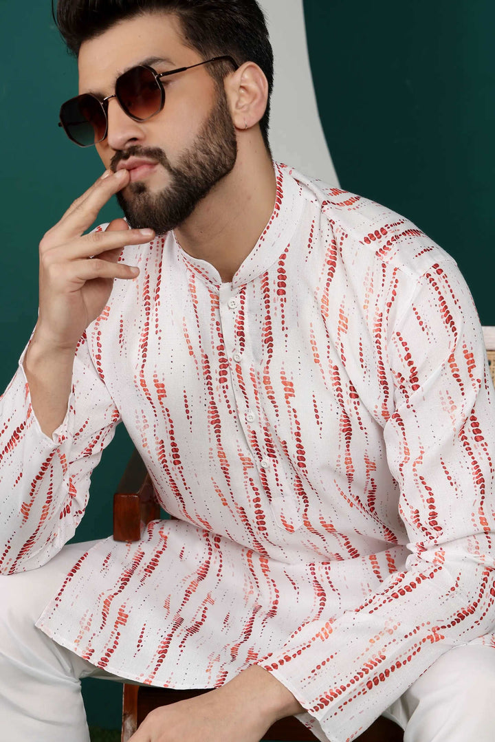 Maroon and White Abstract Printed Men's Kurta Pajama Set