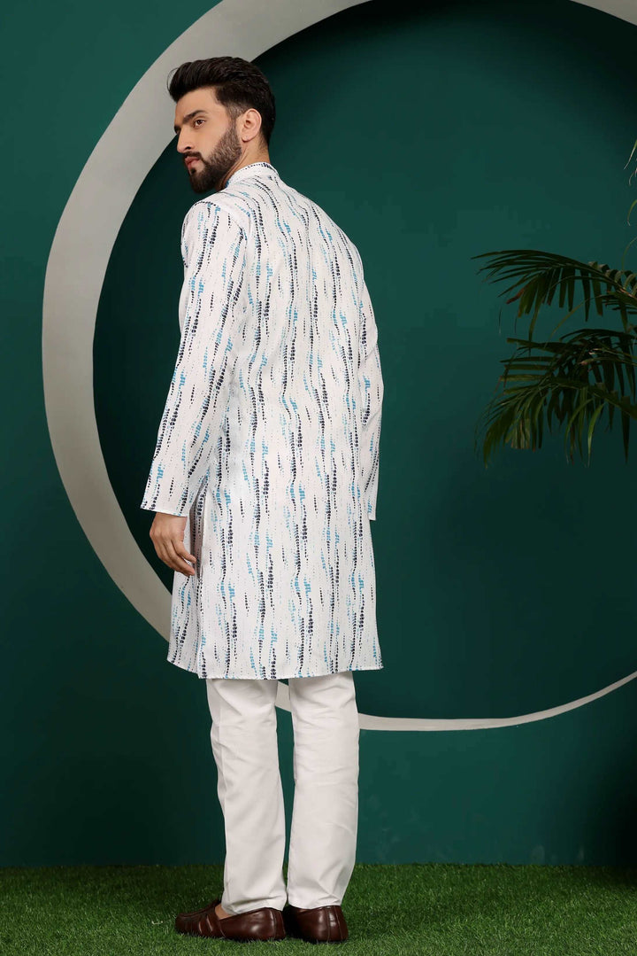 Blue and White Abstract Printed Men's Kurta Pajama Set