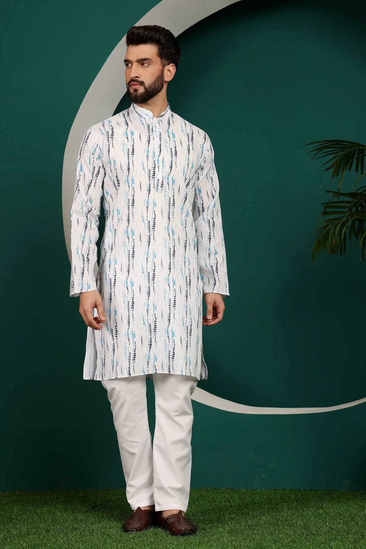 Blue and White Abstract Printed Men's Kurta Pajama Set