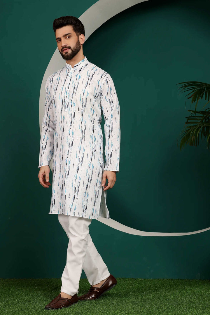 Blue and White Abstract Printed Men's Kurta Pajama Set