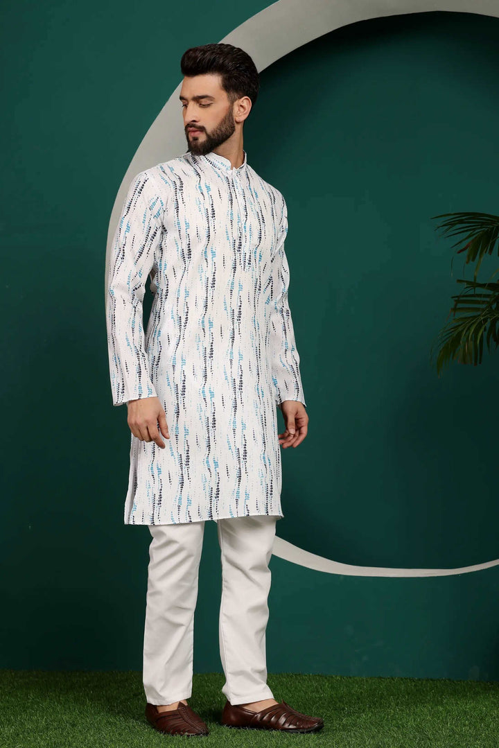 Blue and White Abstract Printed Men's Kurta Pajama Set