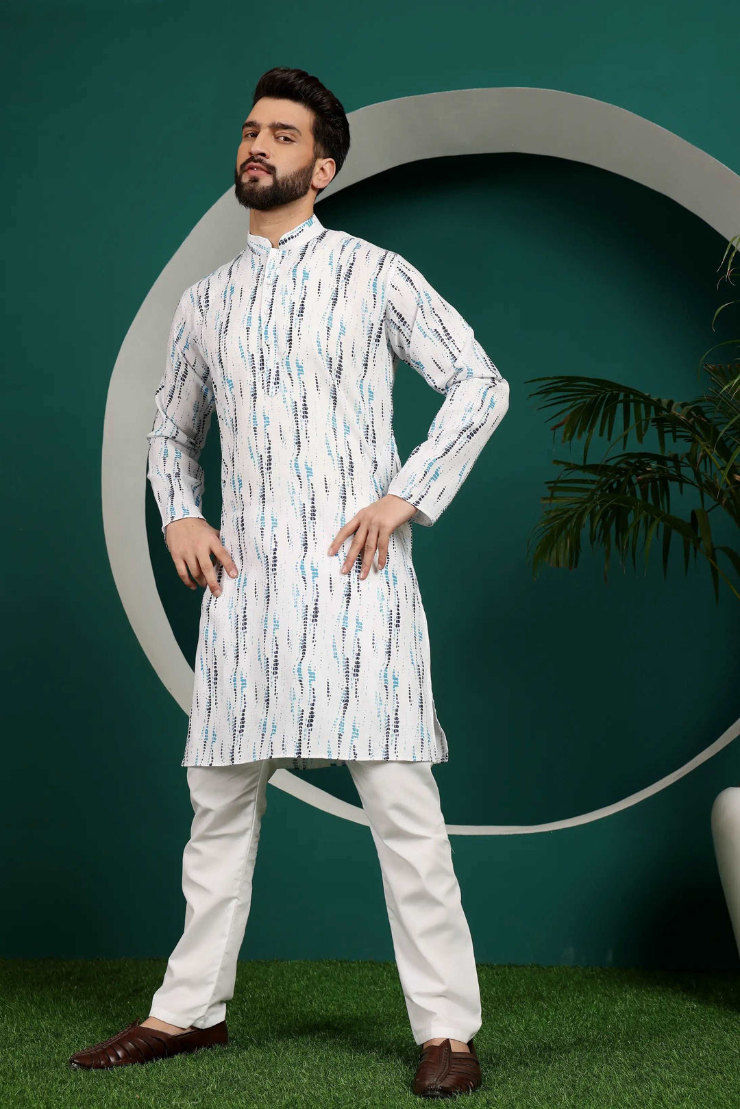 Blue and White Abstract Printed Men's Kurta Pajama Set