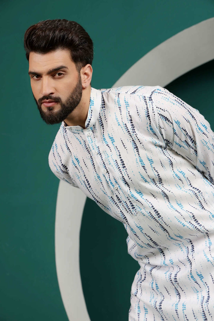 Blue and White Abstract Printed Men's Kurta Pajama Set