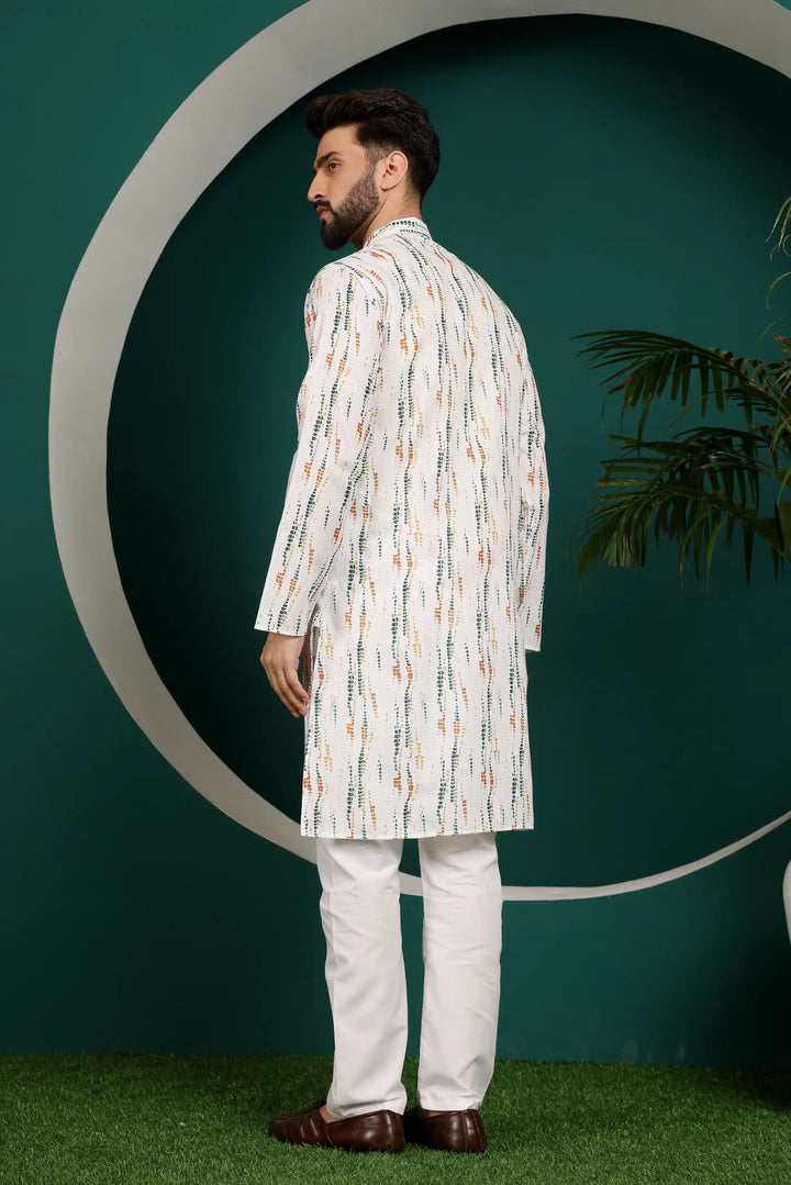 White Abstract Printed Men's Kurta Pyjama Set