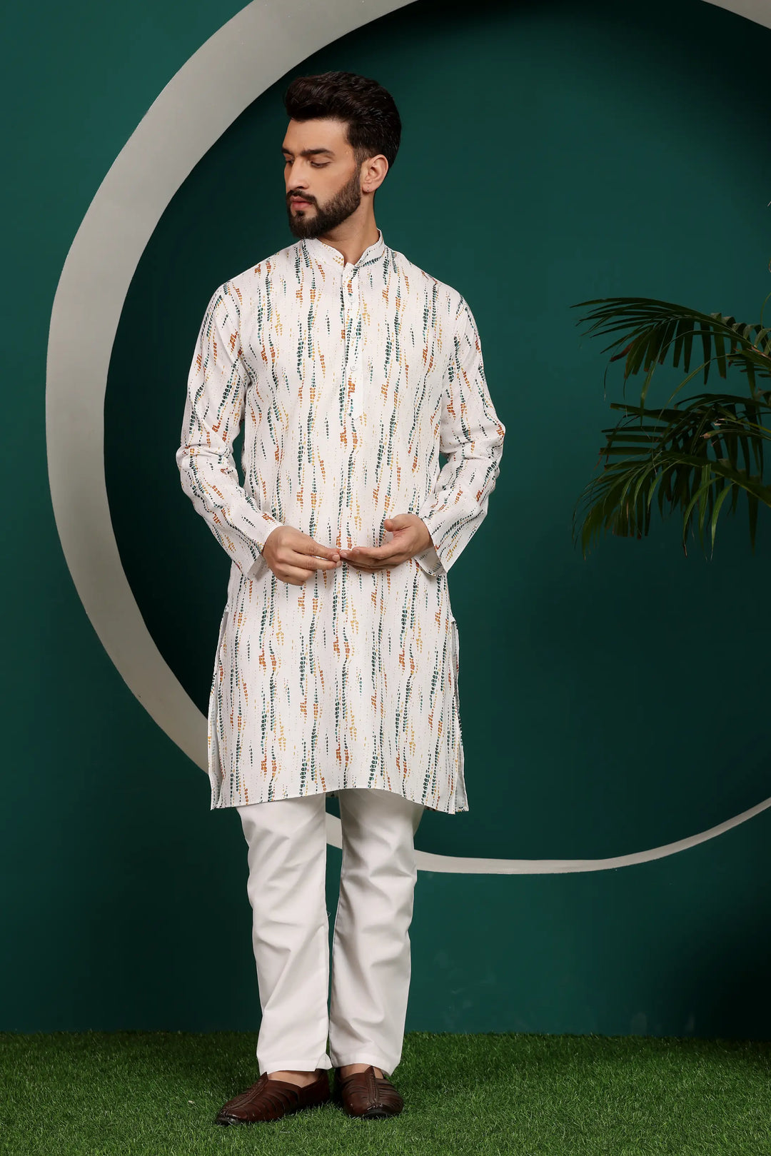 White Abstract Printed Men's Kurta Pyjama Set